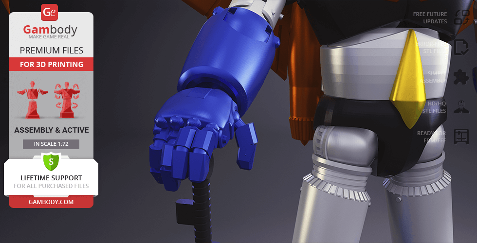 Close-up of a 3D model showing Mazinger Z's arm and torso, featuring intricate mechanical details.