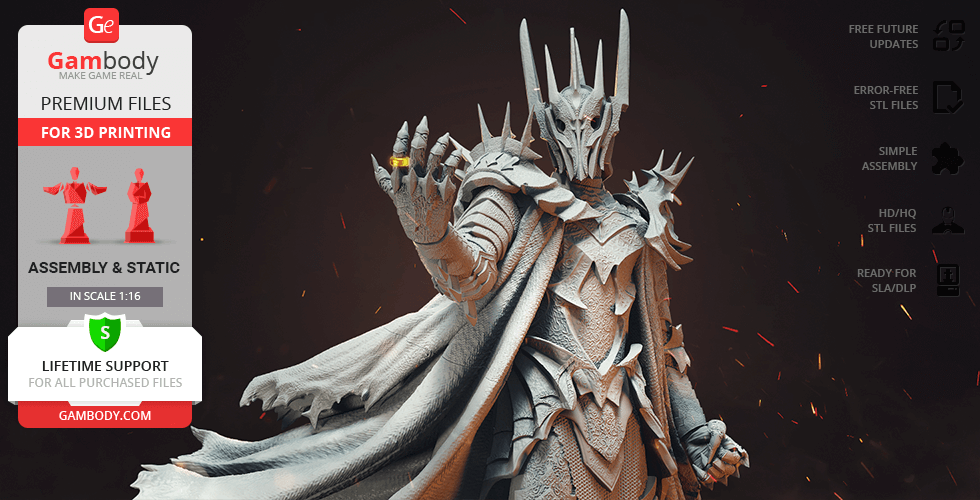 A detailed 3D printed figure of a spiked armored character with a ring. Includes features from Gambody.