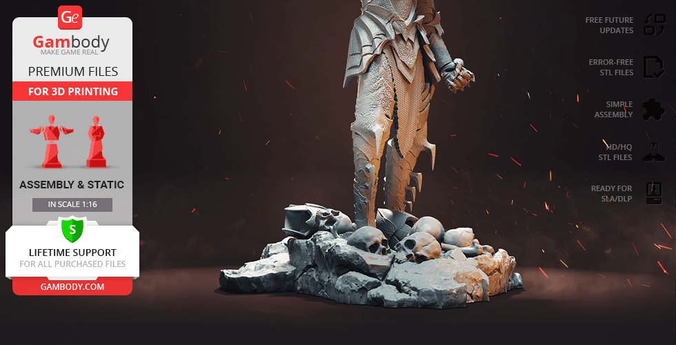 3D model showing a detailed armored figure standing on a rocky base with skulls, offered by Gambody.
