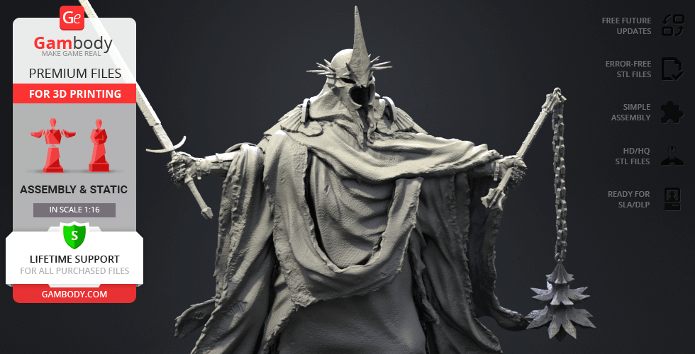 A 3D model of a menacing, armored figure with spiked helmet and weapons, ready for 3D printing.