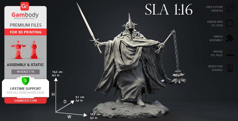 A detailed 3D model of a cloaked, armored figure with a spiked helmet, holding a sword and flail.