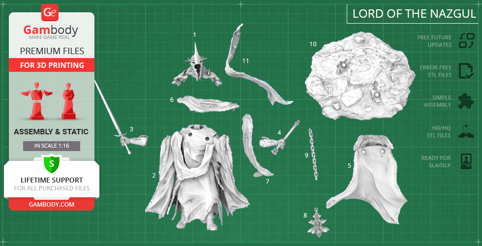 3D printing parts for Lord of the Nazgul model, including armor, cape, and base.