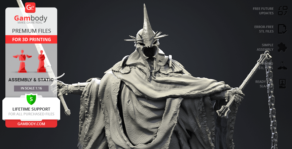 A detailed 3D model of a cloaked figure with a spiked helmet, holding a sword, for 3D printing.
