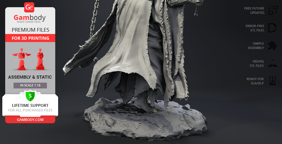 A 3D model of a detailed cloaked figure, meant for resin printing, with assembly and support info from Gambody.