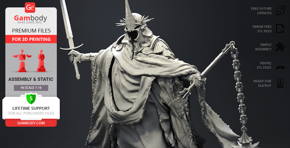 A detailed 3D model of a Nazgul, armored and cloaked, wielding a sword and flail.