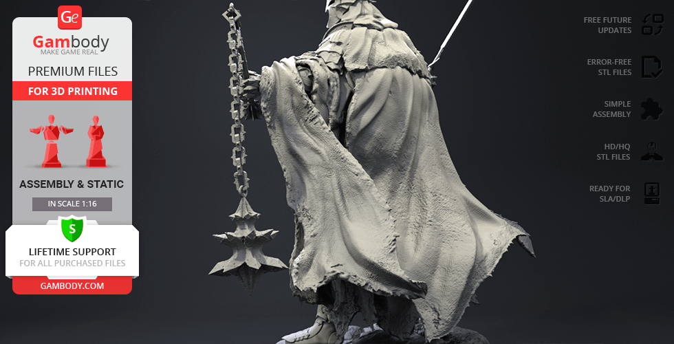 A 3D model of a cloaked figure with a spiked mace. Gambody offers premium files for 3D printing.