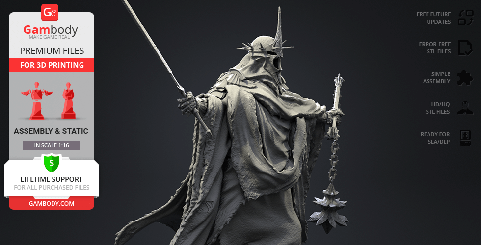 A detailed 3D model of a hooded figure with a spiked helmet, holding a sword and a mace.