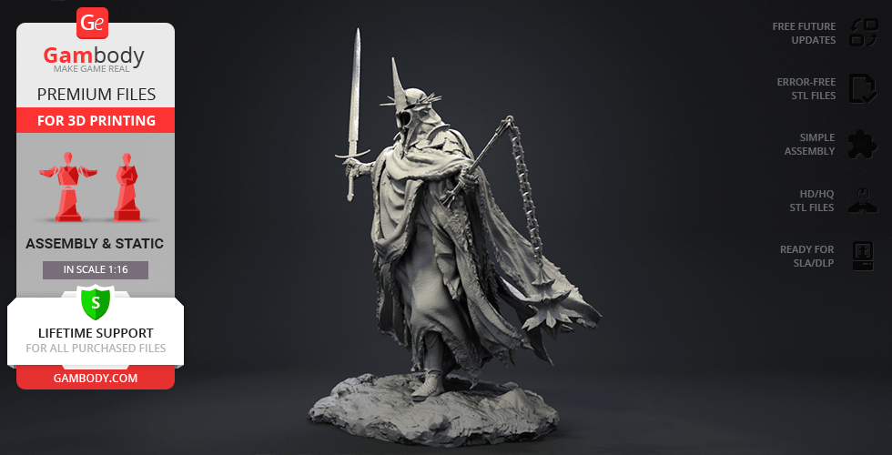 A detailed 3D model of a cloaked figure with a sword and chain, on a textured base.