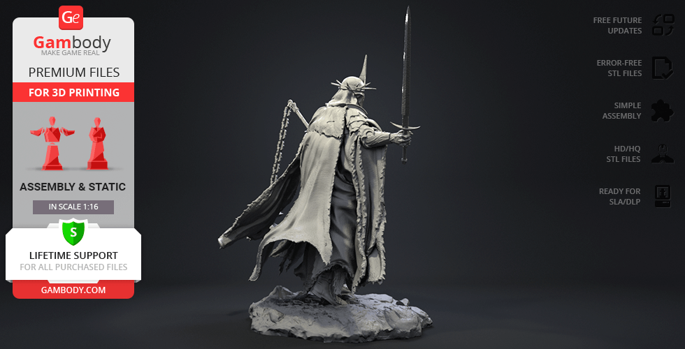 A detailed 3D model of a cloaked figure with a sword, designed for resin 3D printing.