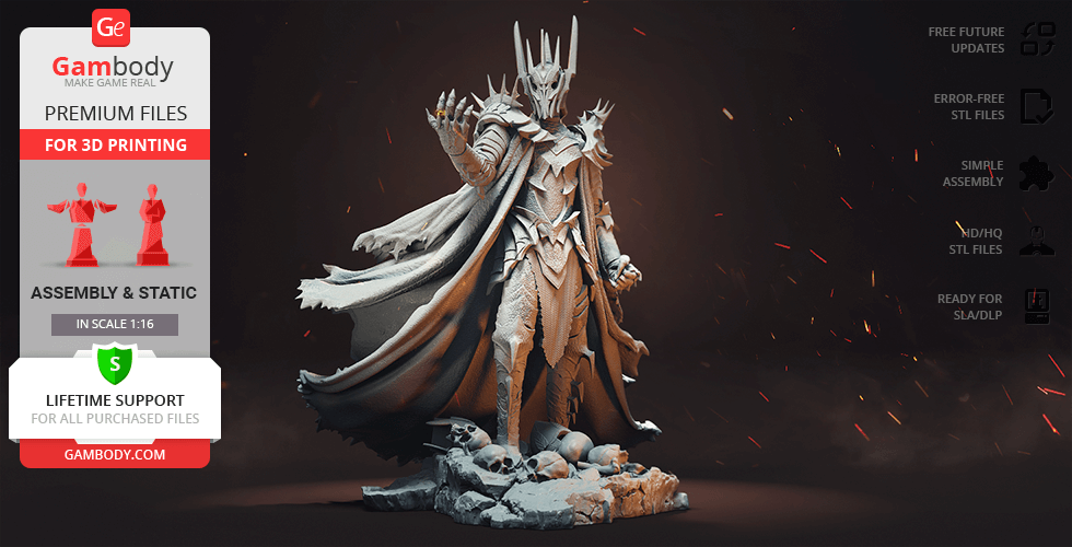 A detailed 3D model of an armored figure with a crown and cape, standing on a rocky base.