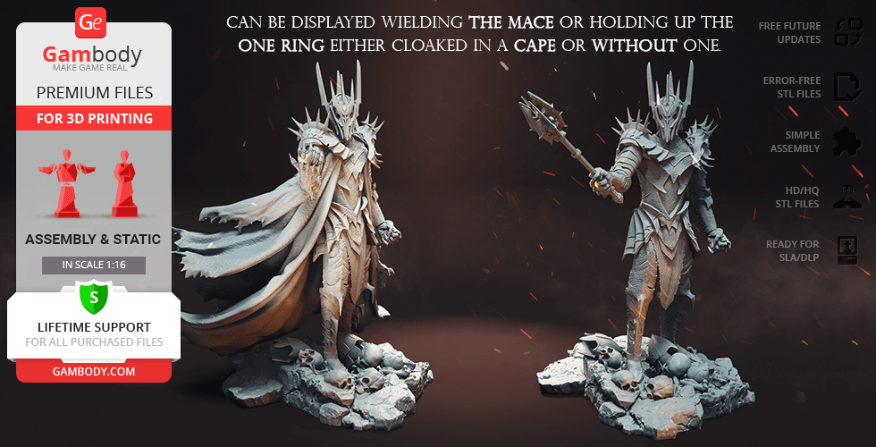Two detailed Sauron and Nazgul 3D models for printing, displayed with different weapon and cape options.