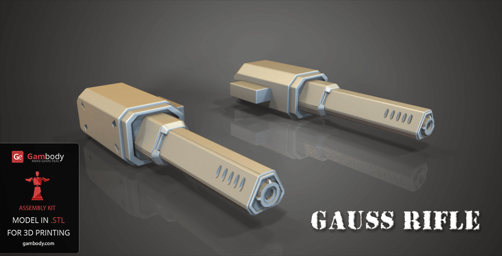 Two 3D-rendered Gauss rifle models for printing, displayed on a dark surface.