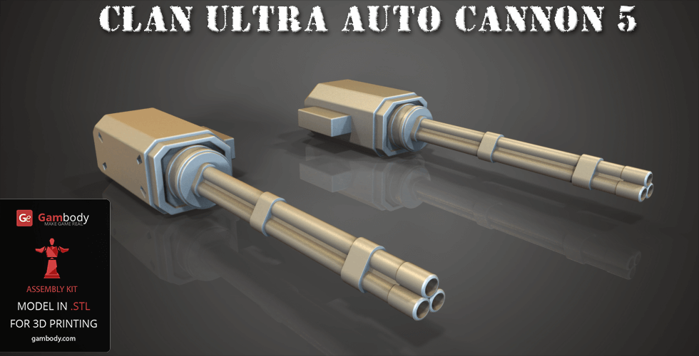 Twin-barrel auto cannons, labeled 'Clan Ultra Auto Cannon 5', for 3D printing from Gambody.