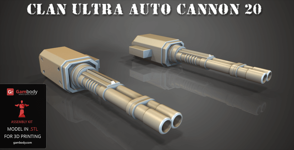 3D render of dual-barrel cannons labeled 'Clan Ultra Auto Cannon 20' for STL 3D printing.