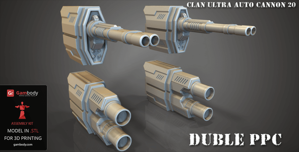 3D models of futuristic double-barreled cannons for 3D printing, shown from various angles.