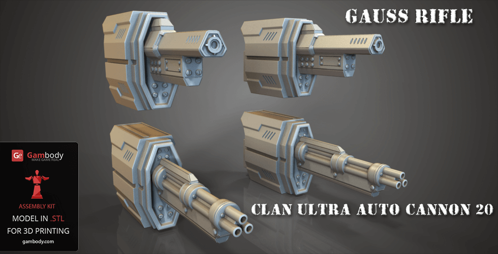 3D models of Gauss Rifle and Clan Ultra Auto Cannon 20 for 3D printing, displayed from multiple angles.