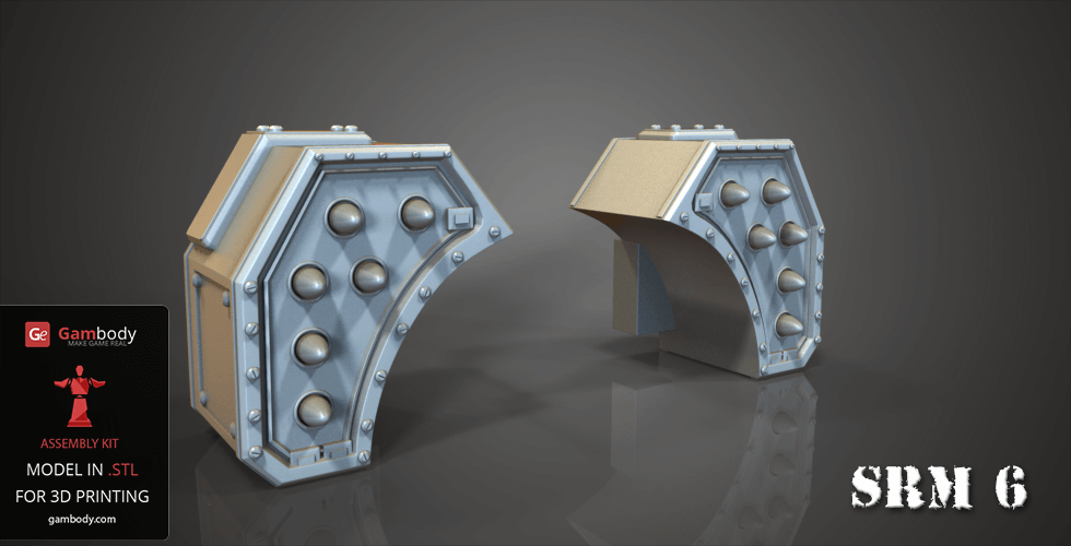 Two futuristic, angular gun parts with cylindrical details and rivets for 3D printing.