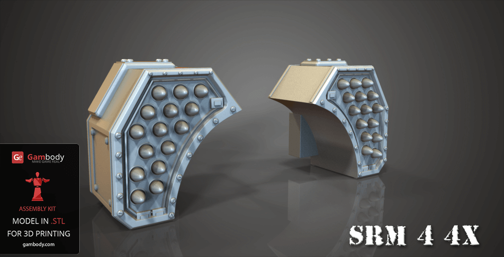 Two detailed 3D models of mech-style missile pods, labeled as SRM 4 4X, for 3D printing.