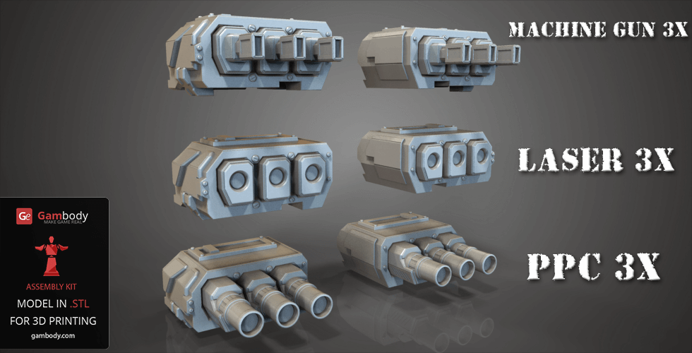 Six 3D render models of sci-fi gun parts, labeled as Machine Gun, Laser, and PPC, in STL format for printing.