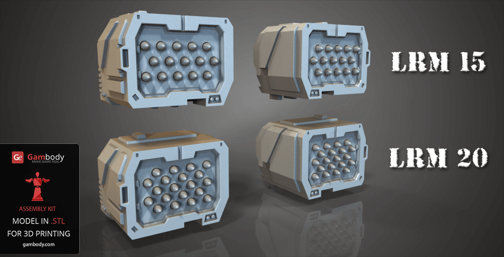 Four 3D models of futuristic missile launchers labeled LRM 15 and LRM 20 for printing.