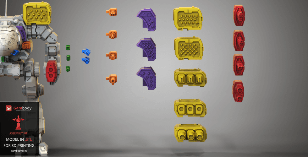 Colorful 3D-printable mech parts arranged for assembly, featuring various weapon components.