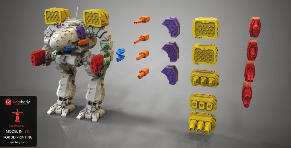 A 3D model of a robotic mech with detachable colorful weapons and components for assembly.