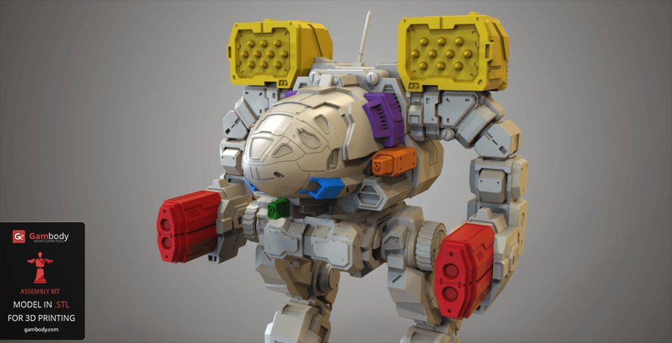 A detailed 3D model of a robotic mech with colorful components and gun attachments for 3D printing.