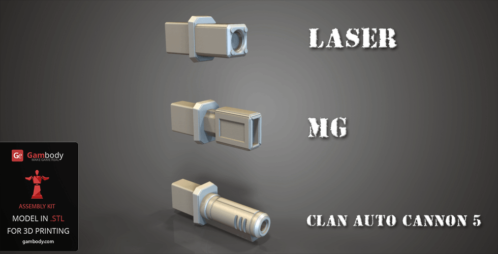 Three 3D gun models labeled Laser, MG, and Clan Auto Cannon 5 for 3D printing by Gambody.