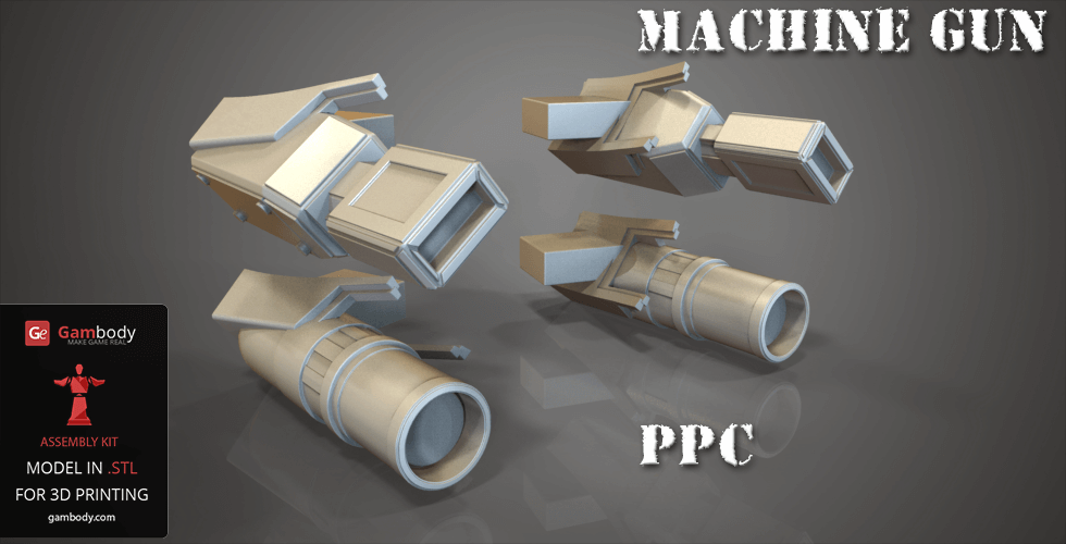 Two 3D models of futuristic gun components labeled 'Machine Gun' and 'PPC' for 3D printing.
