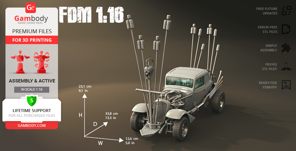 A rugged 3D model car with tall exhaust pipes and an armored design, used for STL 3D printing.