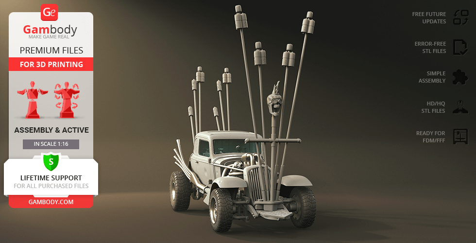 A rugged, modified vehicle with tall poles and spikes, designed for 3D printing.