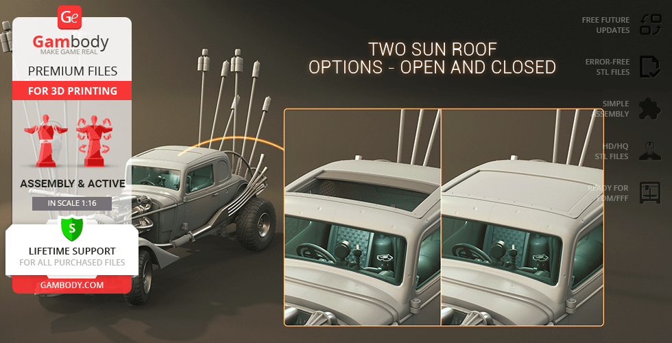 Futuristic car model with two sunroof options for 3D printing, featuring exhaust pipes and detailed design.