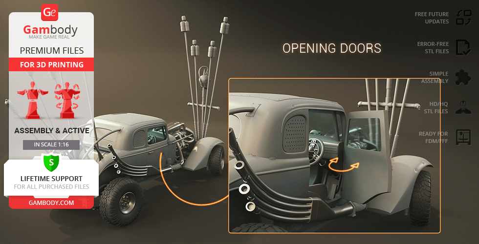 A detailed 3D model of a rugged car with large tires, opening doors, and side pipes for printing.