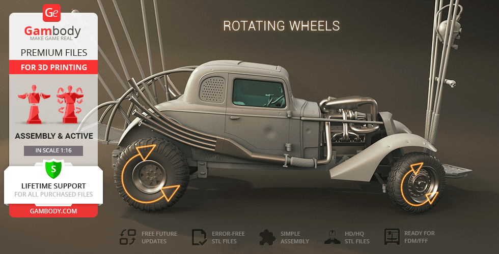 A rugged, modified vintage car model with rotating wheels ready for 3D printing.