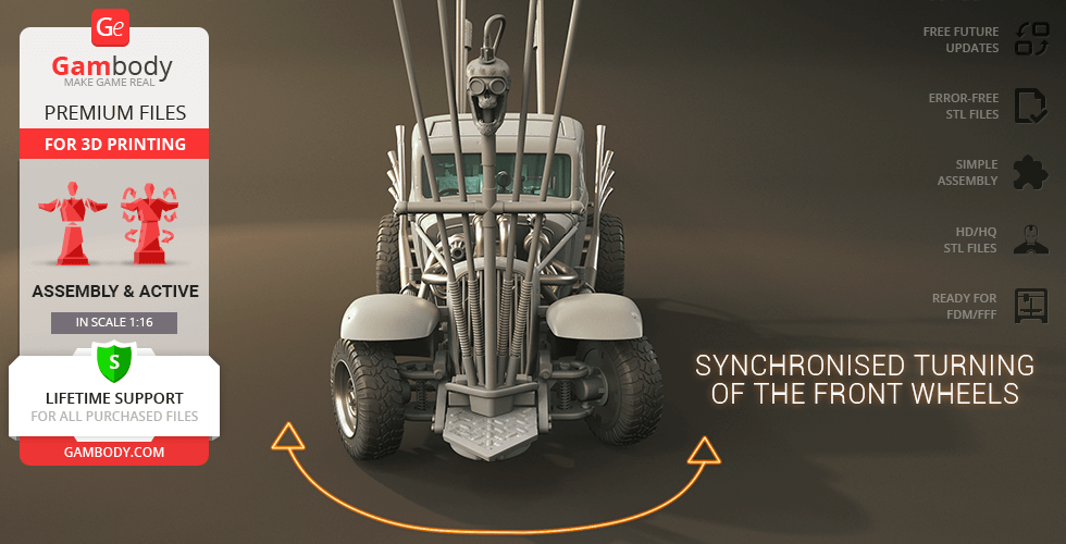 A rugged, spiked car model for 3D printing, featuring synchronized front wheel turning mechanics.