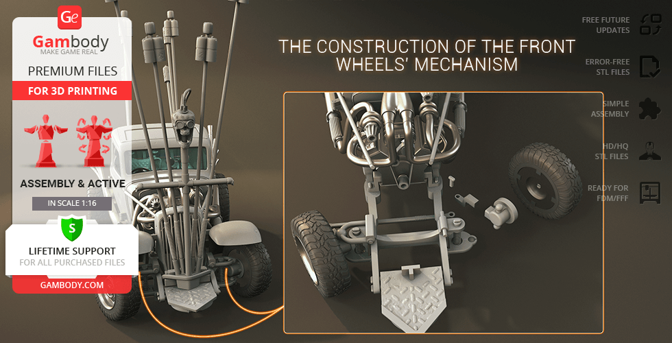 3D model of a detailed post-apocalyptic car chassis, showcasing front wheel mechanism for printing.