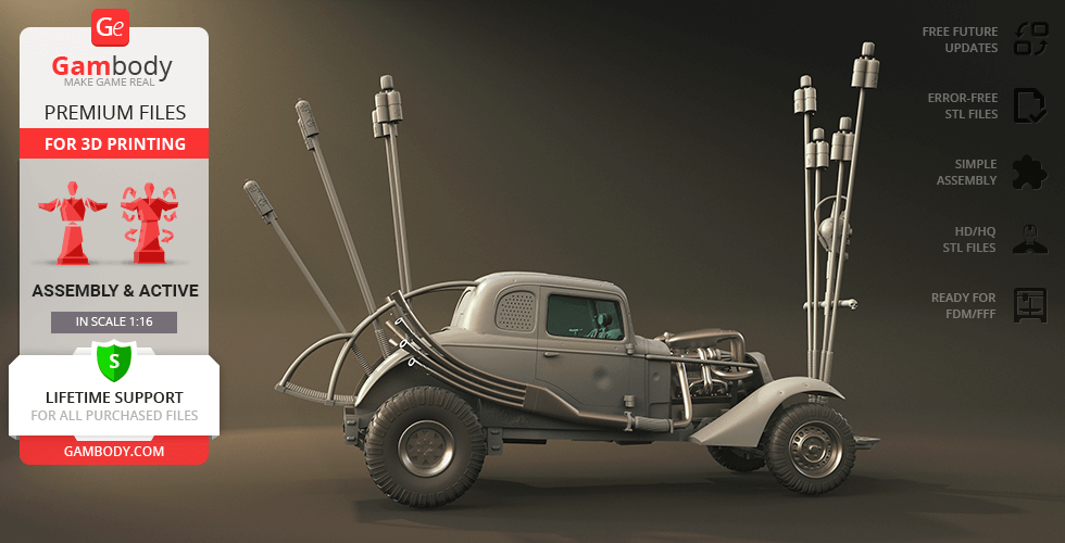 A detailed 3D model of a vintage-style armored car with tall pipes for 3D printing.