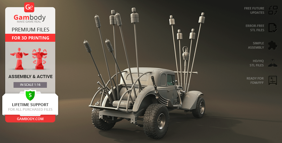 A 3D model of a rugged, modified vintage car with multiple tall exhaust pipes at the rear.