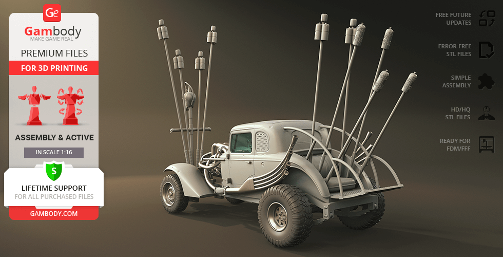 3D model of a post-apocalyptic car with spikes and rugged tires, ready for 3D printing.