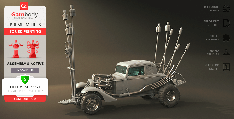 A post-apocalyptic style car with spikes and pipes, designed for 3D printing from Gambody.