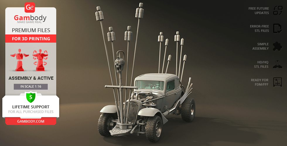 A detailed 3D model of a retro-futuristic car with tall exhaust pipes, designed for 3D printing.