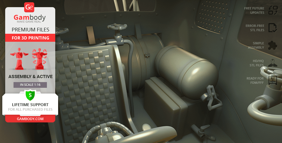 Interior of a detailed 3D model car with controls and seating, ready for 3D printing from Gambody.