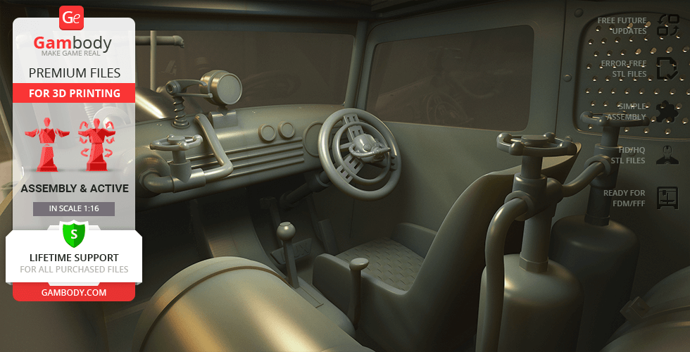 Detailed 3D printable model of the Nux Car interior, showing dashboard and controls.