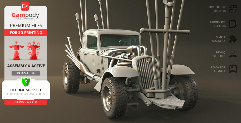 A rugged 3D-printed car model with large tires and tall exhaust pipes, designed for assembly.