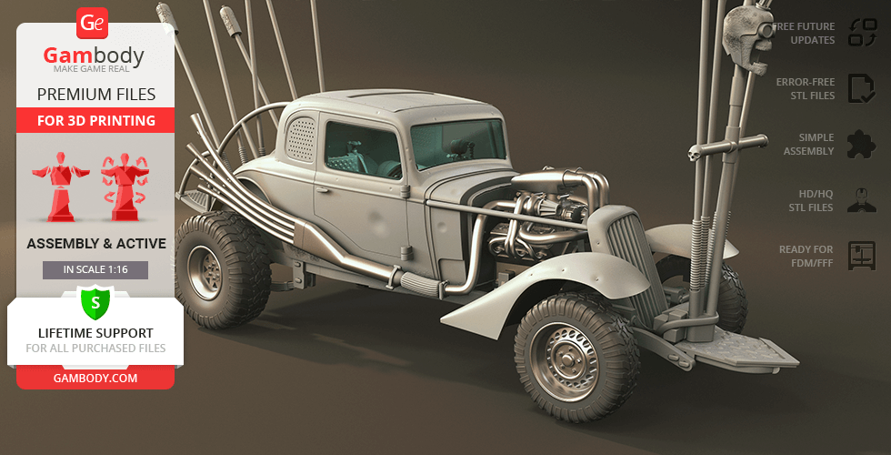 A rugged, modified car with large tires, exposed engine, and pipes, designed for 3D printing by Gambody.