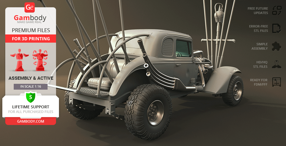 A rugged, modified vintage car with large tires and pipes, designed for 3D printing in 1:16 scale.