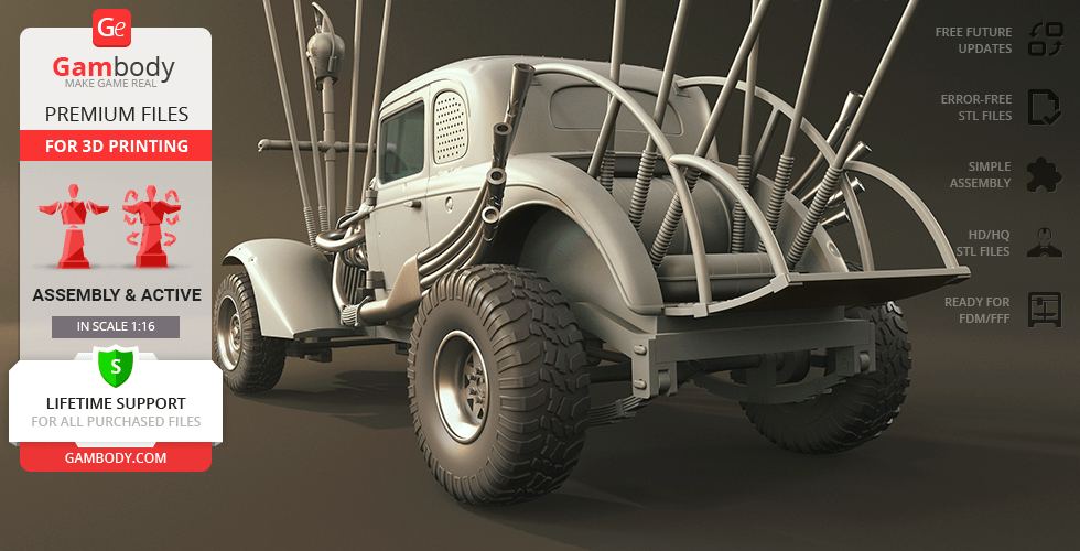 A rugged, modified car model with spikes and large tires, designed for 3D printing.