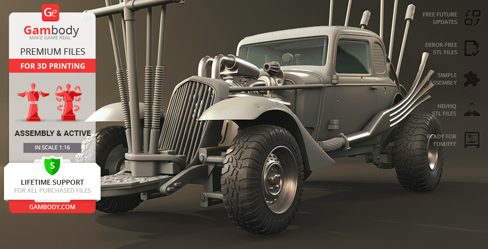 A rugged, post-apocalyptic-style car model designed for 3D printing, with prominent exhaust pipes.