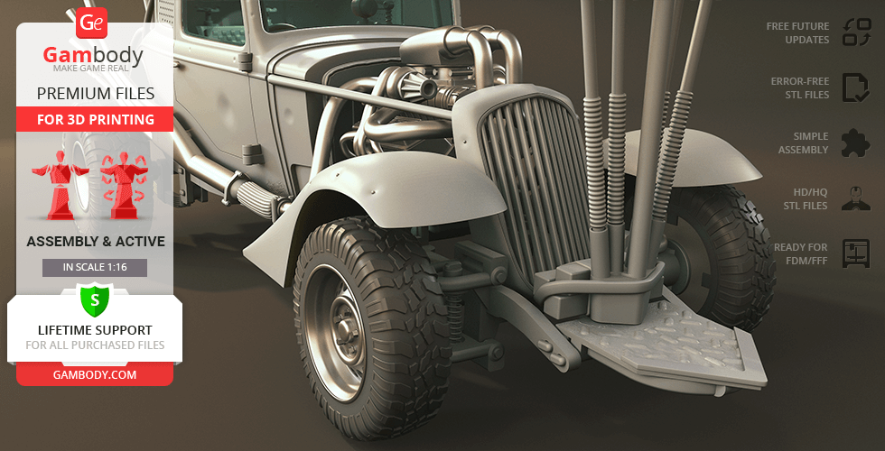 A rugged, vintage-style vehicle model designed for 3D printing, featuring large tires and detailed pipework.