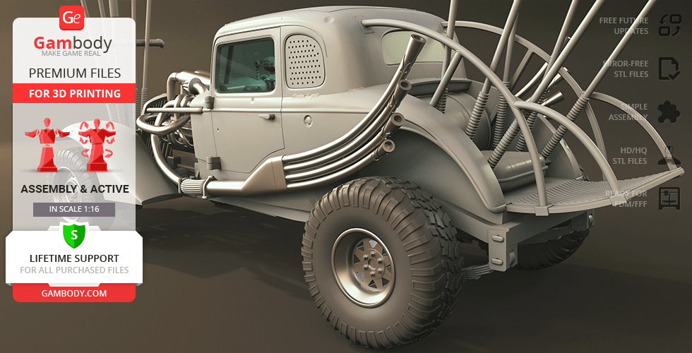 A rugged, post-apocalyptic vehicle with large tires and exhaust pipes, ready for 3D printing.